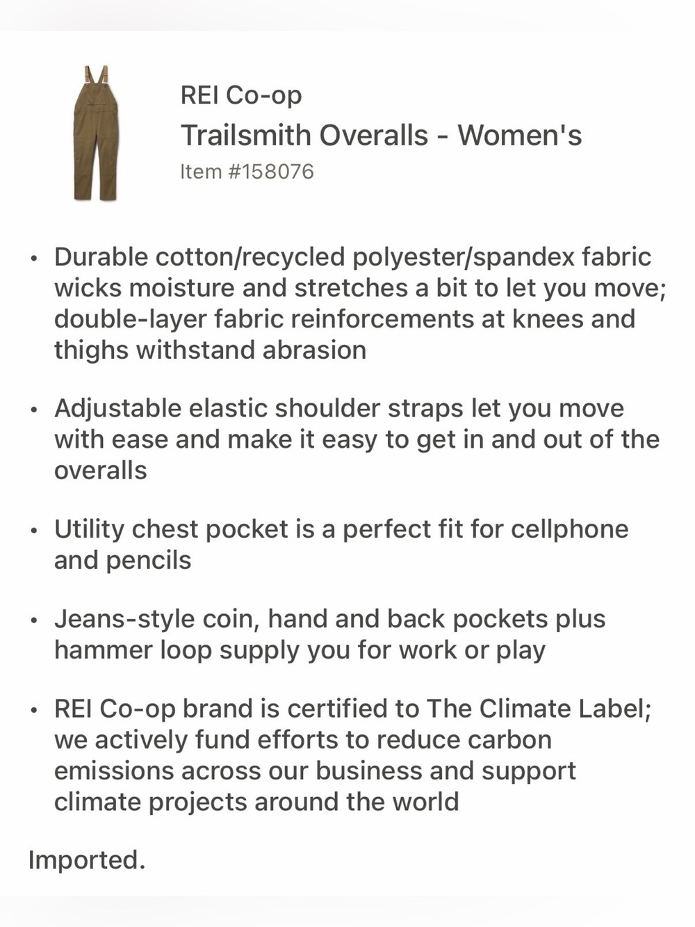 REI Co-Op Trailsmith Overalls (Women's) - Picture 2 of 11